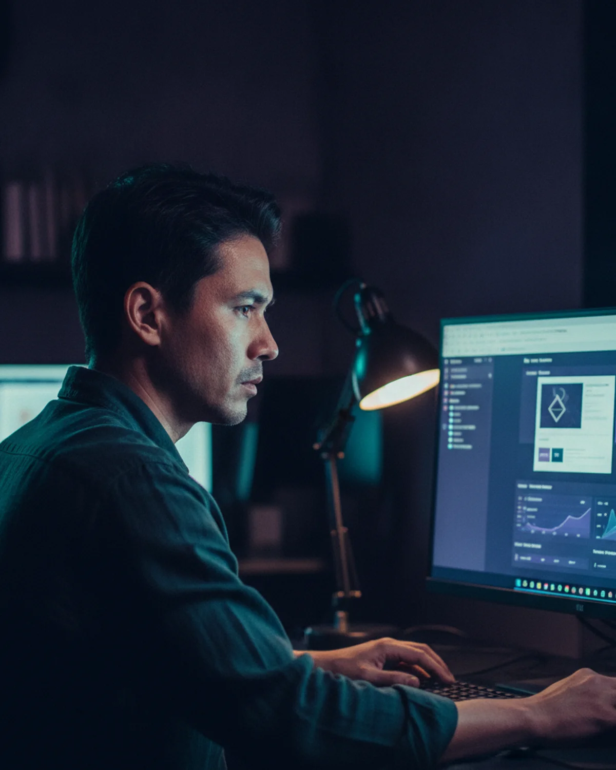 Người sáng lập HAYWEB làm việc trong xưởng thiết kế website nhỏ tại Hà Nội — ánh sáng lạnh từ màn hình hiển thị bảng phân tích, tập trung dựng từng dự án