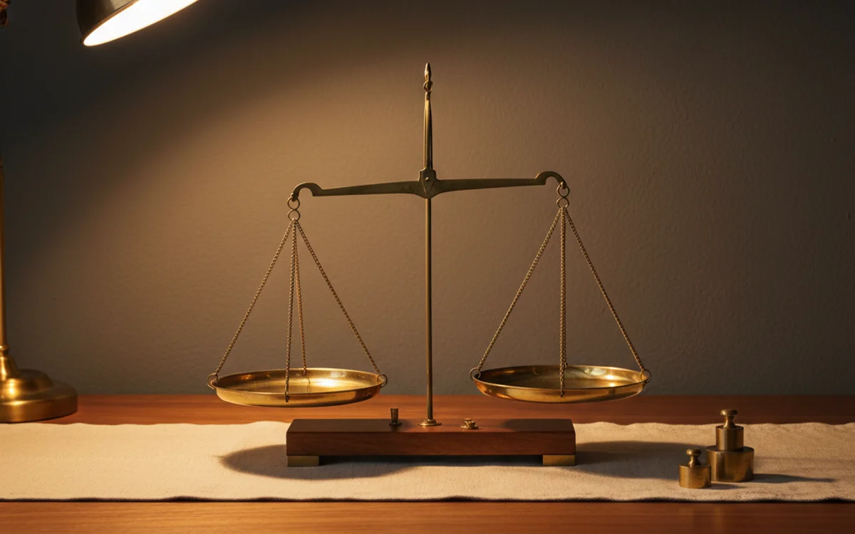 Cân brass cổ thăng bằng — nốt giấy COMMITTED pan trái, nốt giấy RESPONSIVE pan phải, biển brass khắc MEASURED gắn vào đế gỗ — đại diện 3 nguyên tắc HAYWEB khắc cốt ghi tâm: luôn cố gắng hết sức, luôn cập nhật nhanh chóng, đo lường bằng con số thật