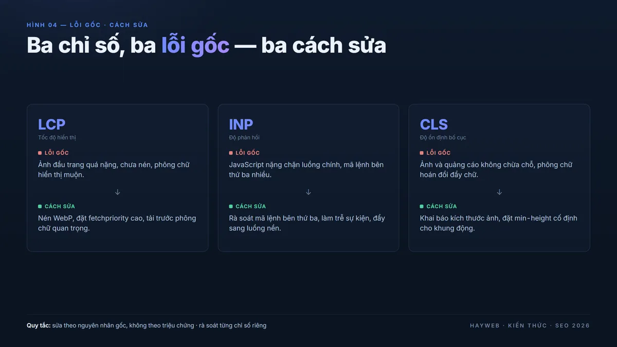 Ba chỉ số Core Web Vitals và lỗi gốc cùng cách sửa — LCP ảnh nặng, INP JavaScript chặn luồng chính, CLS không chừa chỗ — bảng phong cách biên tập nền xanh đậm