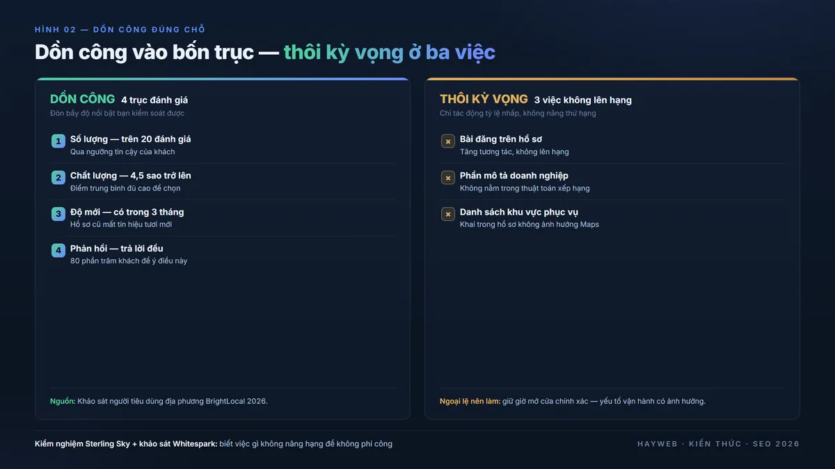 Bảng đối chiếu trên nền xanh đậm — cột trái bốn trục quản đánh giá gồm số lượng trên 20, chất lượng 4,5 sao, độ mới trong 3 tháng, phản hồi 80% khách để ý; cột phải ba việc KHÔNG ảnh hưởng xếp hạng gồm bài đăng hồ sơ, phần mô tả, danh sách khu vực phục vụ
