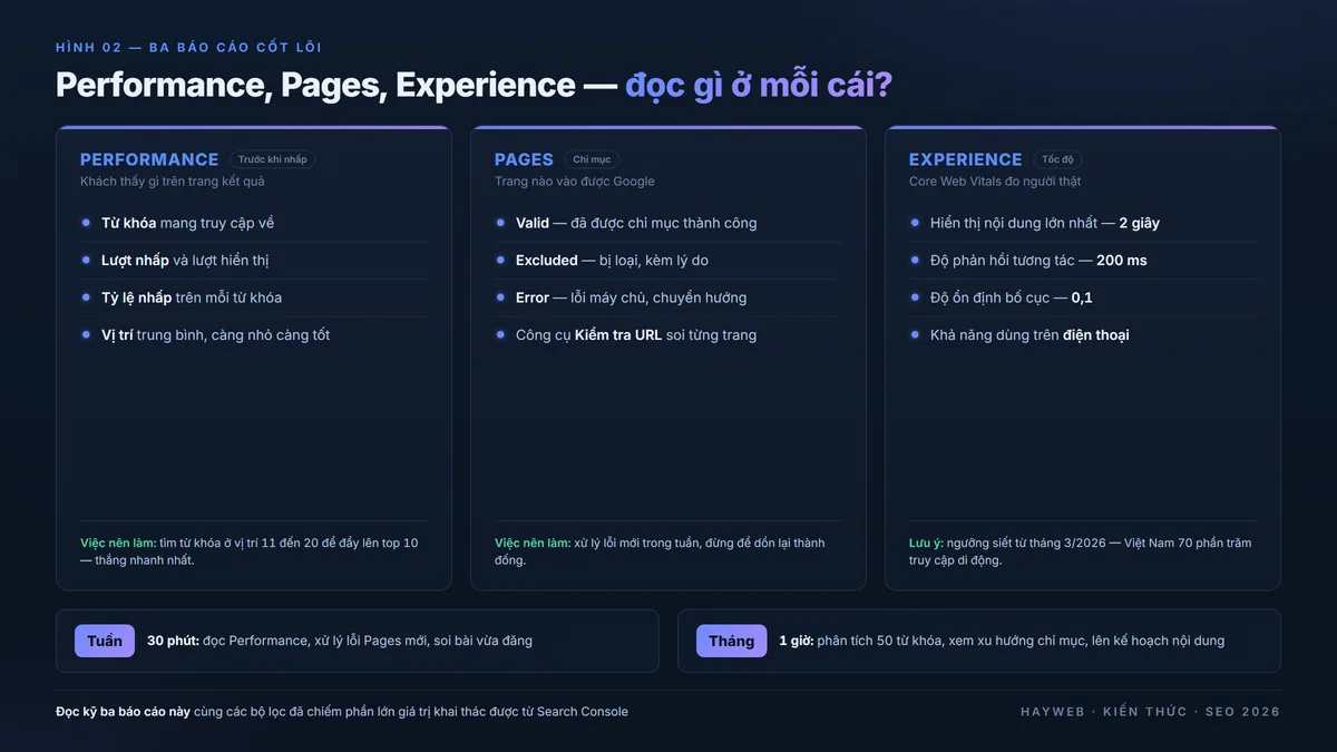 Ba báo cáo cốt lõi của Google Search Console — Performance đo từ khóa lượt nhấp lượt hiển thị vị trí, Pages đo trạng thái chỉ mục Valid Excluded Error, Experience đo Core Web Vitals LCP INP CLS — phong cách editorial navy xanh dương