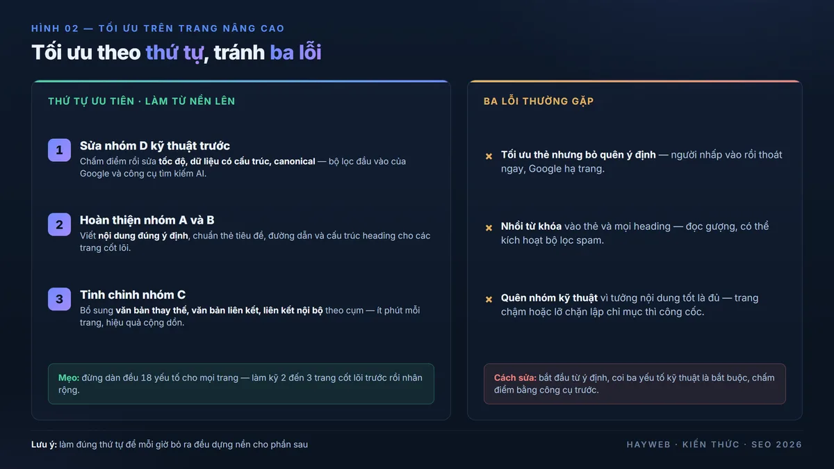 Sơ đồ thứ tự ưu tiên tối ưu trên trang trên nền navy — bước một sửa yếu tố kỹ thuật đang lỗi, bước hai hoàn thiện nội dung và thẻ, bước ba tinh chỉnh hình ảnh và liên kết, kèm ba lỗi tối ưu trên trang thường gặp