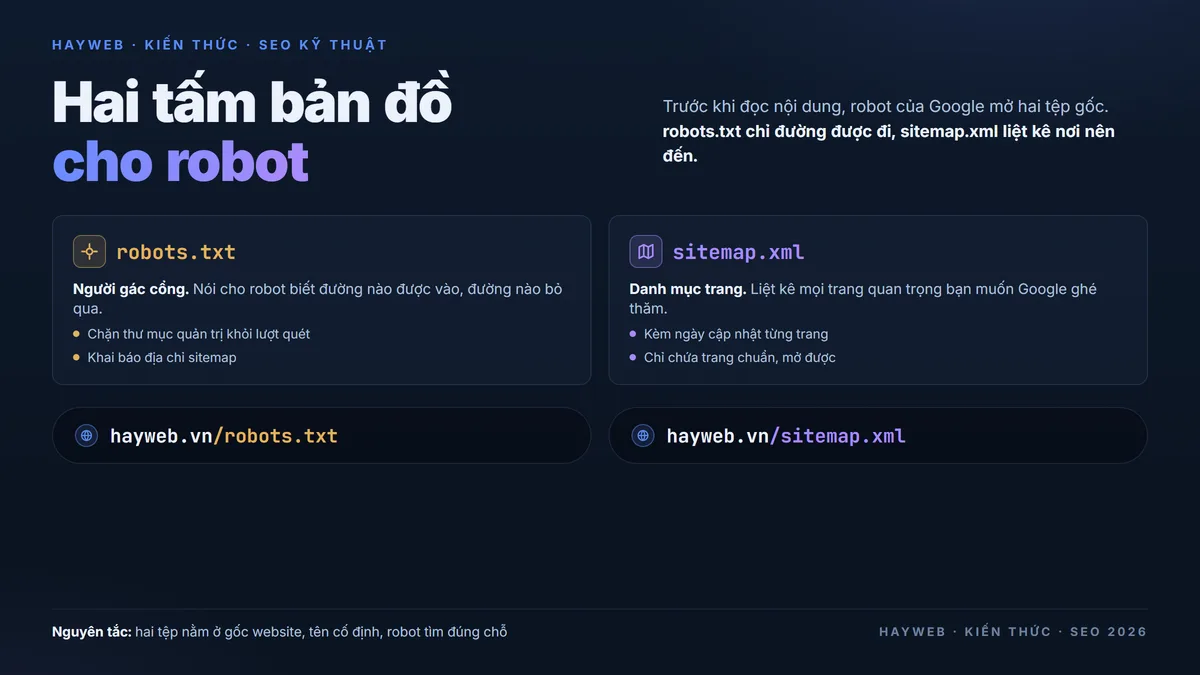 Bảng thông tin nền xanh đậm giới thiệu hai tệp gốc của website — thẻ vàng robots.txt là người gác cổng chỉ đường robot được đi, thẻ tím sitemap.xml là danh mục liệt kê trang muốn Google ghé thăm, kèm hai thanh địa chỉ hayweb.vn kèm robots.txt và sitemap.xml