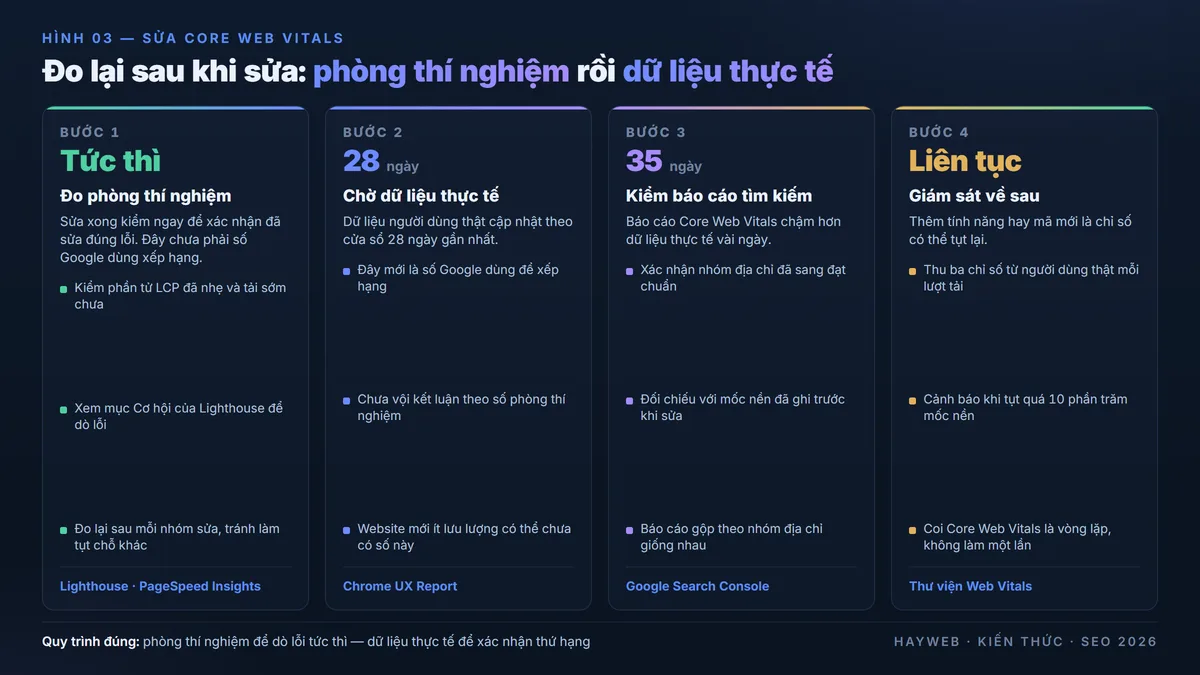 Quy trình đo lại Core Web Vitals sau khi sửa trên nền xanh đậm — dùng dữ liệu phòng thí nghiệm Lighthouse để dò lỗi tức thì, chờ 28 ngày cho dữ liệu thực tế Chrome UX Report cập nhật, kiểm báo cáo Google Search Console sau 35 ngày, đặt giám sát liên tục bằng thư viện Web Vitals