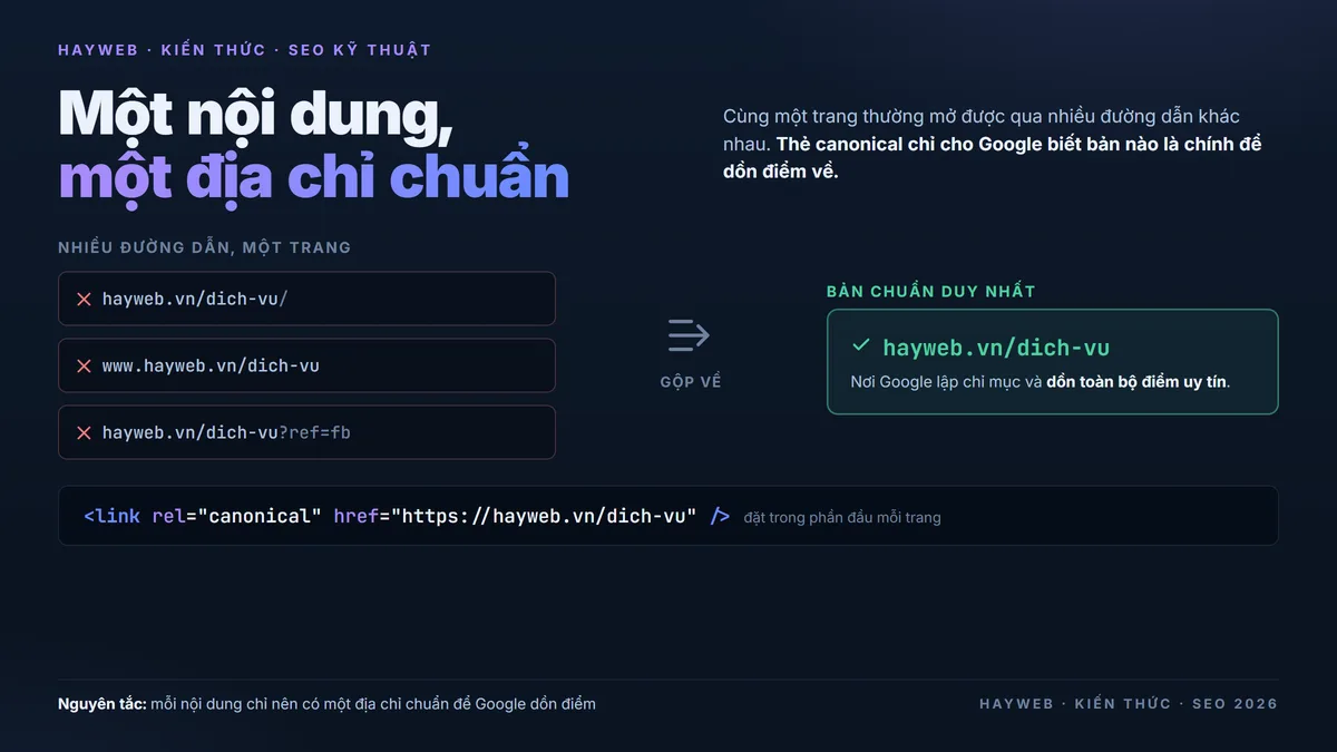 Bảng thông tin nền xanh đậm minh họa nguyên lý canonical — ba đường dẫn trùng lặp của cùng một trang gồm bản có gạch chéo cuối, bản có www và bản gắn tham số theo dõi gộp về một bản chuẩn duy nhất màu xanh lá nơi Google dồn toàn bộ điểm uy tín, kèm dòng mã thẻ link rel canonical đặt trong phần đầu mỗi trang