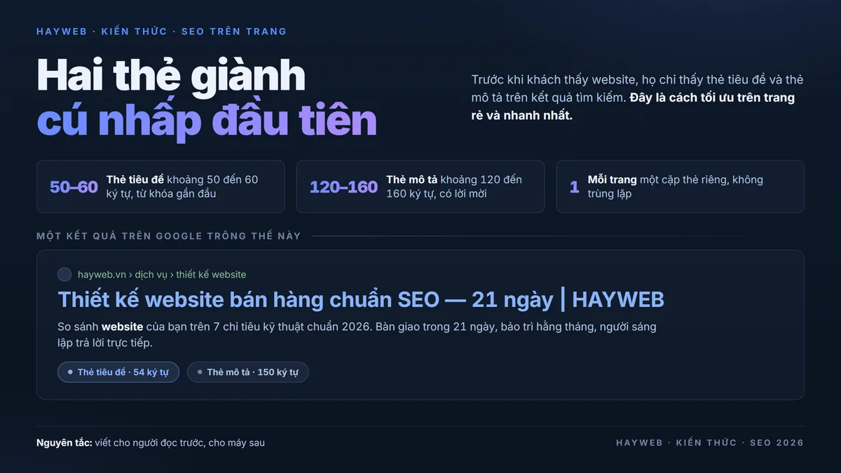 Bảng thông tin nền xanh đậm mô phỏng một kết quả trên Google — dòng tiêu đề màu xanh có thể nhấp, đoạn mô tả xám bên dưới, đường dẫn màu xanh lá, kèm hai nhãn độ dài thẻ tiêu đề 54 ký tự và thẻ mô tả 150 ký tự