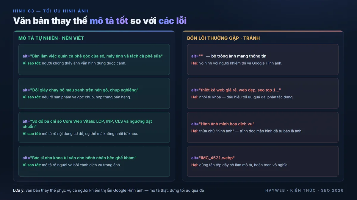 So sánh văn bản thay thế tốt và tệ trên nền xanh đậm — bên trái mô tả cụ thể tự nhiên đúng nội dung ảnh, bên phải các lỗi bỏ trống, nhồi từ khóa, thừa chữ hình ảnh và dùng tên tệp dãy số, kèm ghi chú vì sao mỗi lỗi gây hại