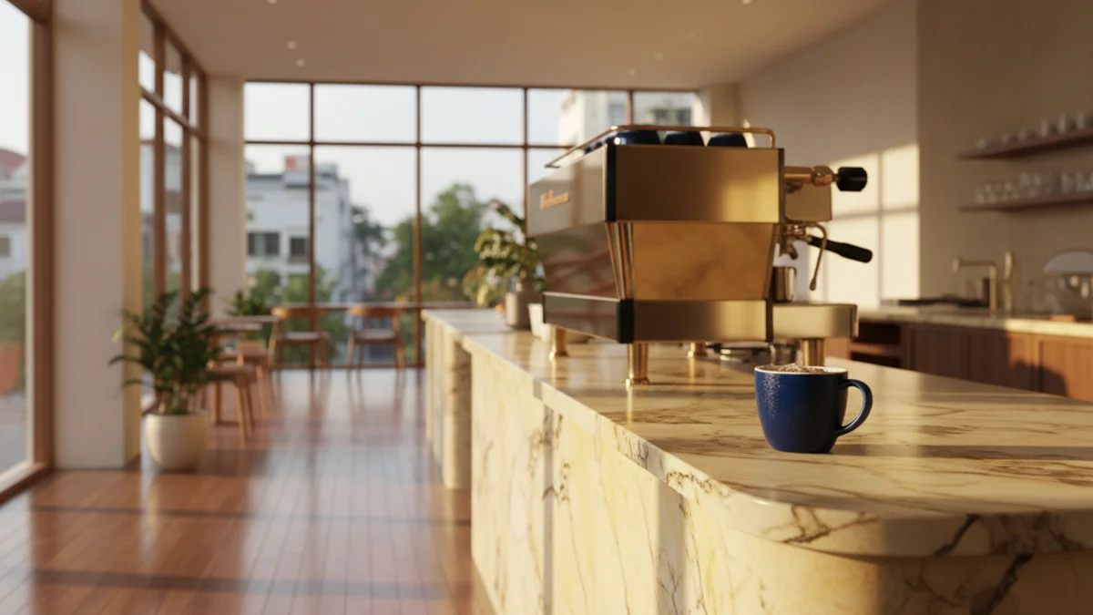 Không gian café đặc sản khu trung tâm thương mại Quận 1 TP.HCM với máy pha espresso bằng đồng thau và quầy đá cẩm thạch — ánh sáng tự nhiên buổi sáng