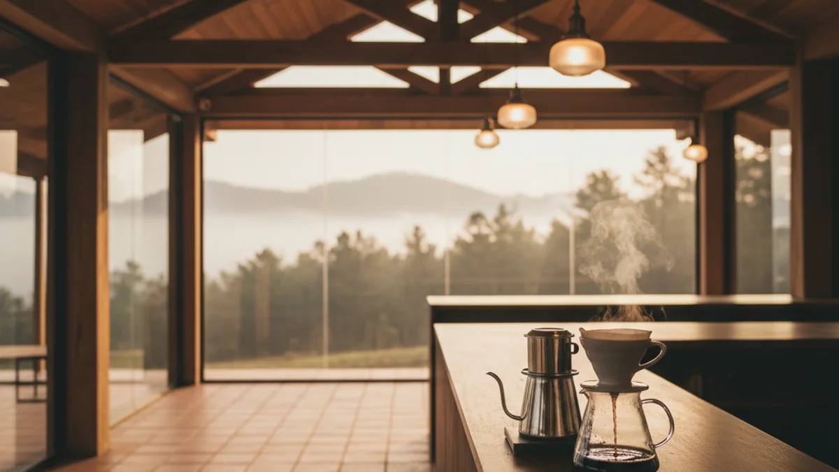 Quán café Đà Lạt khung cảnh rừng thông Trại Mát — bàn gỗ thông mộc, tách cà phê đặc sản Robusta rang tại chỗ, sương mai phủ rừng thông phía xa, ấm áp với áo len khoác lên ghế bên cạnh