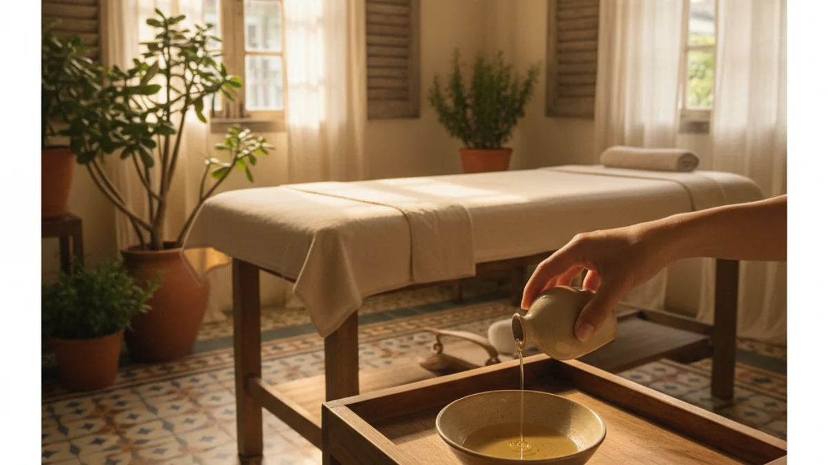 Phòng spa tinh tế Quận 3 TP.HCM trong nhà thuộc địa Pháp — rèm linen tự nhiên lọc ánh nắng chiều, chậu đất nung trồng cây ngọc thạch, bàn xoa bóp gỗ phủ linen, bàn tay kỹ thuật viên rót tinh dầu hữu cơ vào tô gốm thủ công