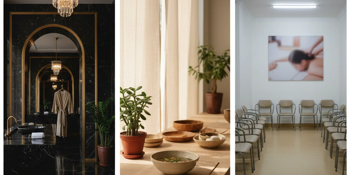 So sánh ba phân khúc spa TP.HCM — bên trái Quận 1 spa khách sạn cao cấp với đá cẩm thạch đen và đèn pha lê; ở giữa Quận 3 spa tinh tế với linen tự nhiên và tô gốm tinh dầu; bên phải Quận 7 chuỗi spa phổ thông với đèn LED sáng và ghế nhựa