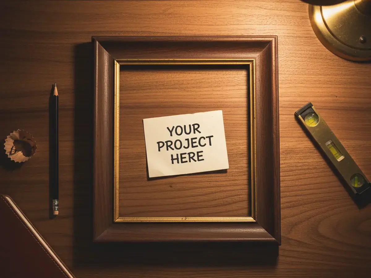 Khung gỗ trống vintage trên bàn óc chó với tờ giấy ghi tay 'YOUR PROJECT HERE' bằng bút chì — lời mời dự án bạn xuất hiện ở đây