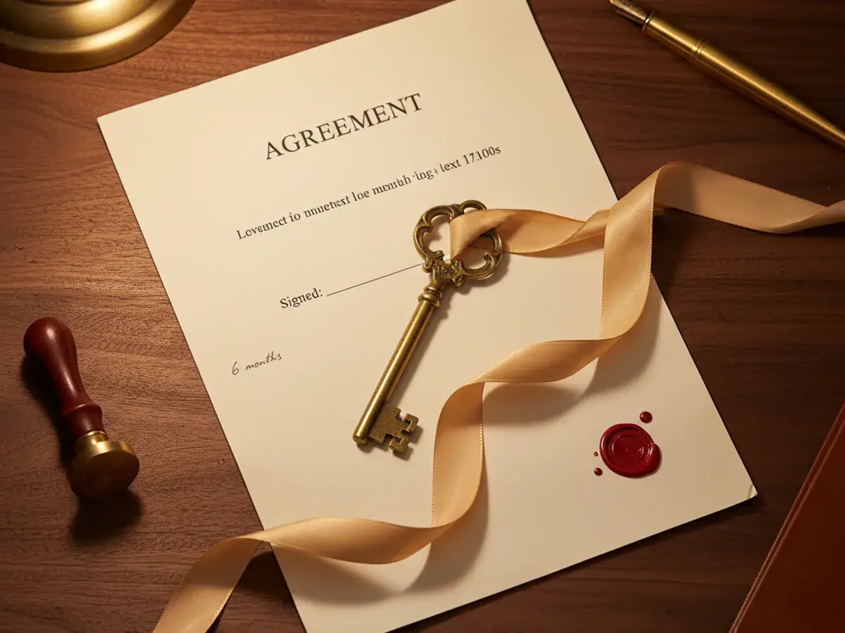 Chìa khóa brass cổ buộc ribbon vàng lên hợp đồng giấy AGREEMENT với con dấu wax đỏ — ẩn dụ web build miễn phí bundled với retainer 6 tháng