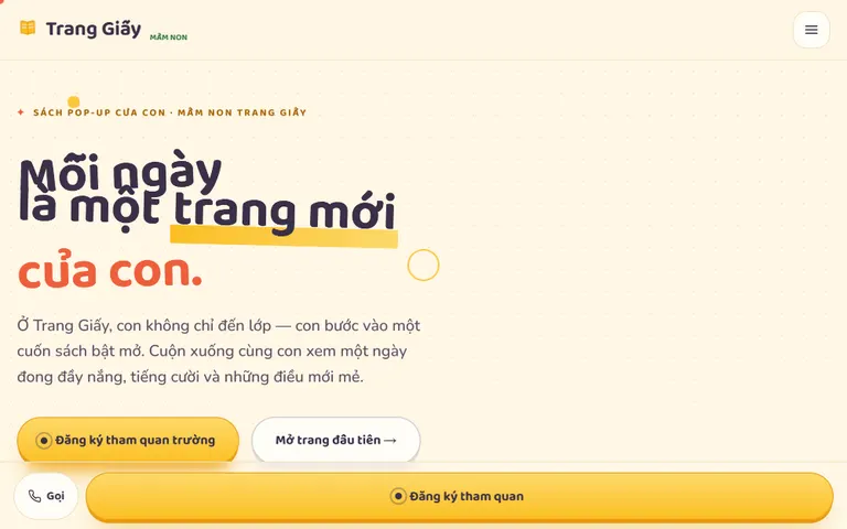 Ảnh chụp website mẫu Mầm non Trang Giấy — ngành Mầm non, do HAYWEB dựng